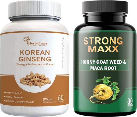 Herbal max Korean Ginseng 800 MG Capsule with Strong Max Maca Root 800 MG, 90 Capsule Combo