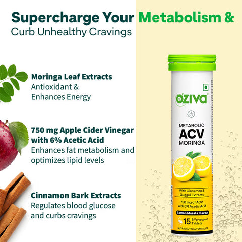 Oziva Acv Moringa | Control Cravings I Apple Cider Vinegar, Cinnamon, Guggul I No Maltodextrin & No Added Sugar I 15 Effervescent Tablets - Lemon Masala, (15 Tablets)