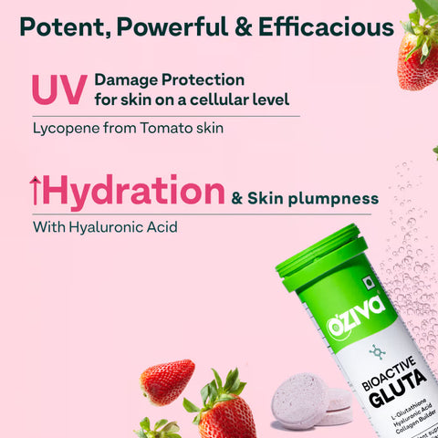 Oziva Bioactive Glutathione Tablets For Radiant Skin - 15 Effervescent Tablets | L-Glutathione, Lycopene, Vitamin C For Skin Glow & Anti-Pigmentation | Strawberry Swirl
