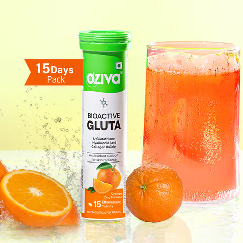 Oziva Bioactive Glutathione Tablets For Radiant Skin - 15 Effervescent Tablets | L-Glutathione, Lycopene, Vitamin C For Skin Glow & Anti-Pigmentation|Orange