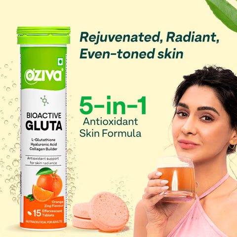 Oziva Bioactive Glutathione Tablets For Radiant Skin - 15 Effervescent Tablets | L-Glutathione, Lycopene, Vitamin C For Skin Glow & Anti-Pigmentation|Orange