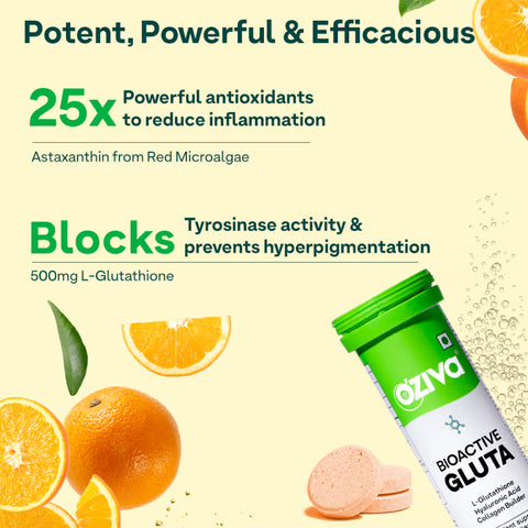 Oziva Bioactive Glutathione Tablets For Radiant Skin - 15 Effervescent Tablets | L-Glutathione, Lycopene, Vitamin C For Skin Glow & Anti-Pigmentation|Orange