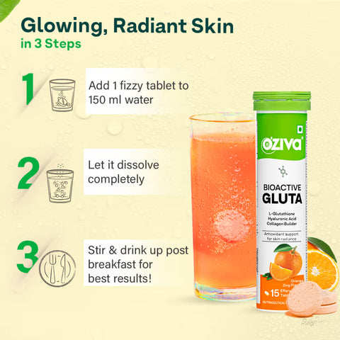 Oziva Bioactive Glutathione Tablets For Radiant Skin - 15 Effervescent Tablets | L-Glutathione, Lycopene, Vitamin C For Skin Glow & Anti-Pigmentation|Orange