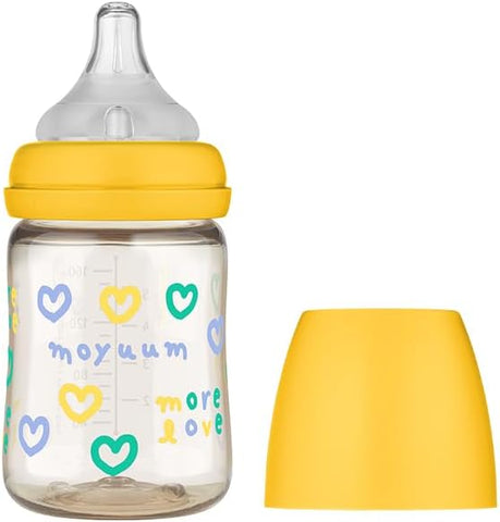 Moyuum PPSU All-in-One Feeding Baby Bottle with Nipple 170ml (0-3 months) - Anti Colic, BPA Free & Easy Clean Wide-Neck Non-Tip Stable Base - More love (SOOSOOJIN) Edition - Yellow