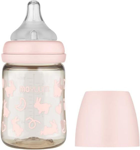 Moyuum PPSU All-in-One Feeding Baby Bottle with Nipple 270ml (+3 months) - Anti Colic, BPA Free & Easy Clean Wide-Neck Non-Tip Stable Base - Rabbit Edition - Pink