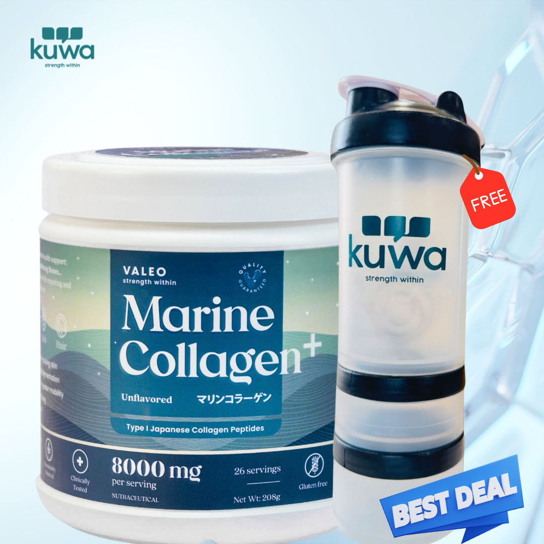 Valeo Marine Collagen+ Anti Aging Collagen Supplement- Unflavoured, 208 Gms with KUWA Bottle 