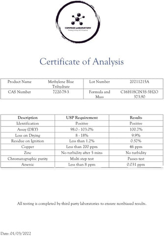 COMPASS LABORATORY Methylene Blue 1% USP-Grade Methylthioninium Chloride Liquid | High Purity Dietary Supplement for Brain Function & Cognitive Health | No Formaldehyde 237ml Glass Bottle