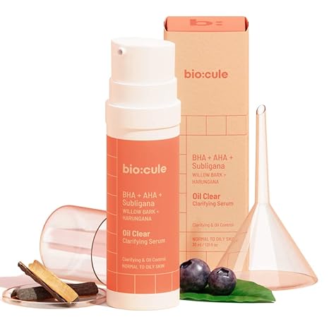 biocule Oil Clear Clarifying Serum, AHA BHA Serum from Willow Bark & Fruit Mix with Subligana from Harungana, for Oil Control, Pore Tightening & Even Skin, Face Serum for Oily Skin