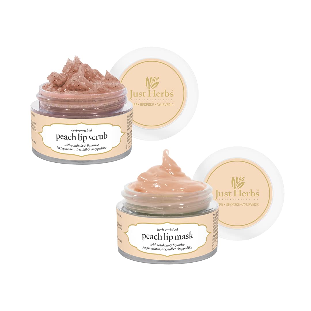 Just Herbs Ayurvedic & Vegan Peach Lip Scrub & Lip Mask For Duo Pack Chapped, Pigmented & Dark Lips, 30Gm