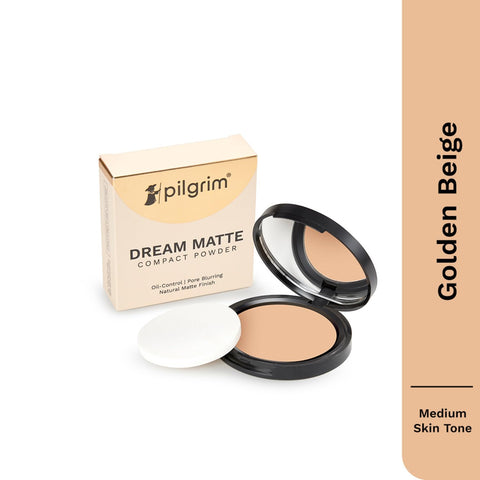 Pilgrim Golden Beige Matte Finish Compact Powder Absorbs Oil, Conceals & Gives Radiant Skin