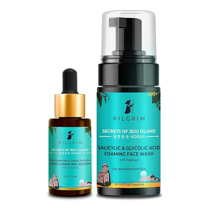 Pilgrim Acne Scars & Marks Remover Kit | 1.5% Salicylic (BHA) & Glycolic Acid (AHA) Foaming Face Wash 120ml, Niacinamide & Alpha Arbutin Skin Clarifying Serum 30ml | All Skin | Korean Skin Care