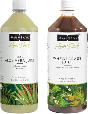 Kapiva Aloe Vera Juice + Wheatgrass Juice | Ayurvedic Combo For Better Digestion, General Wellness, And Skin Care (1L+1L) 1 L (Pack Of 2)