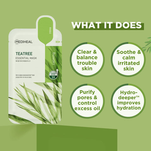 Mediheal Official Korea's No 1 Sheet Mask | Tea Tree Essential Blemish Control Mask (10ea (Renewal))