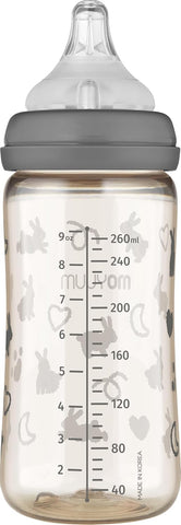 Moyuum PPSU All-in-One Feeding Baby Bottle with Nipple 270ml (+3 months) - Anti Colic, BPA Free & Easy Clean Wide-Neck Non-Tip Stable Base - Rabbit Edition - Grey