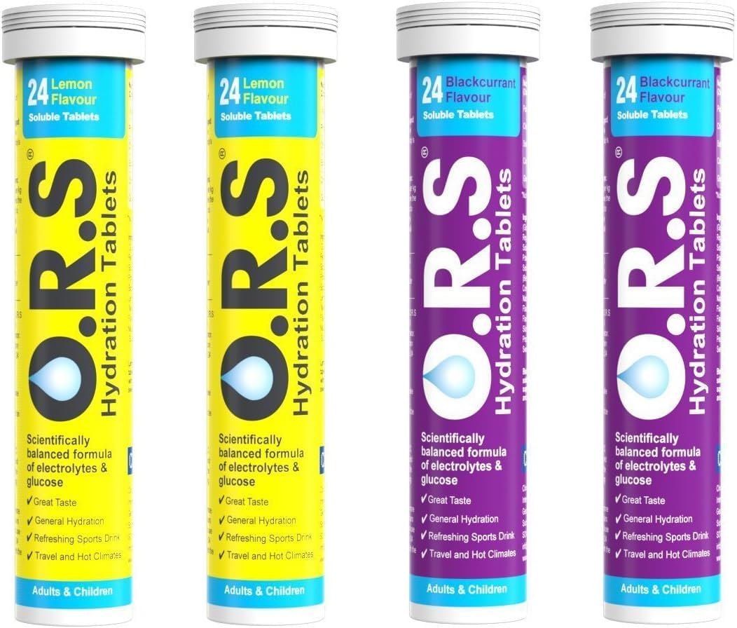 O.R.S. Hydration Tablets - 2 x 24 Tablet Tubes of Lemon, 2 x 24 Tablet Tubes of Blackcurrant - 96 Total Tablets