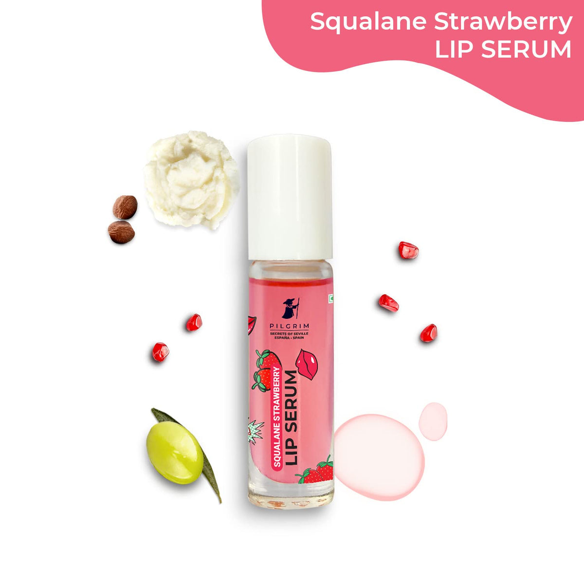 Pilgrim Squalane Lip Serum (Strawberry) with roll-on for Visibly Plump Lips 6ml