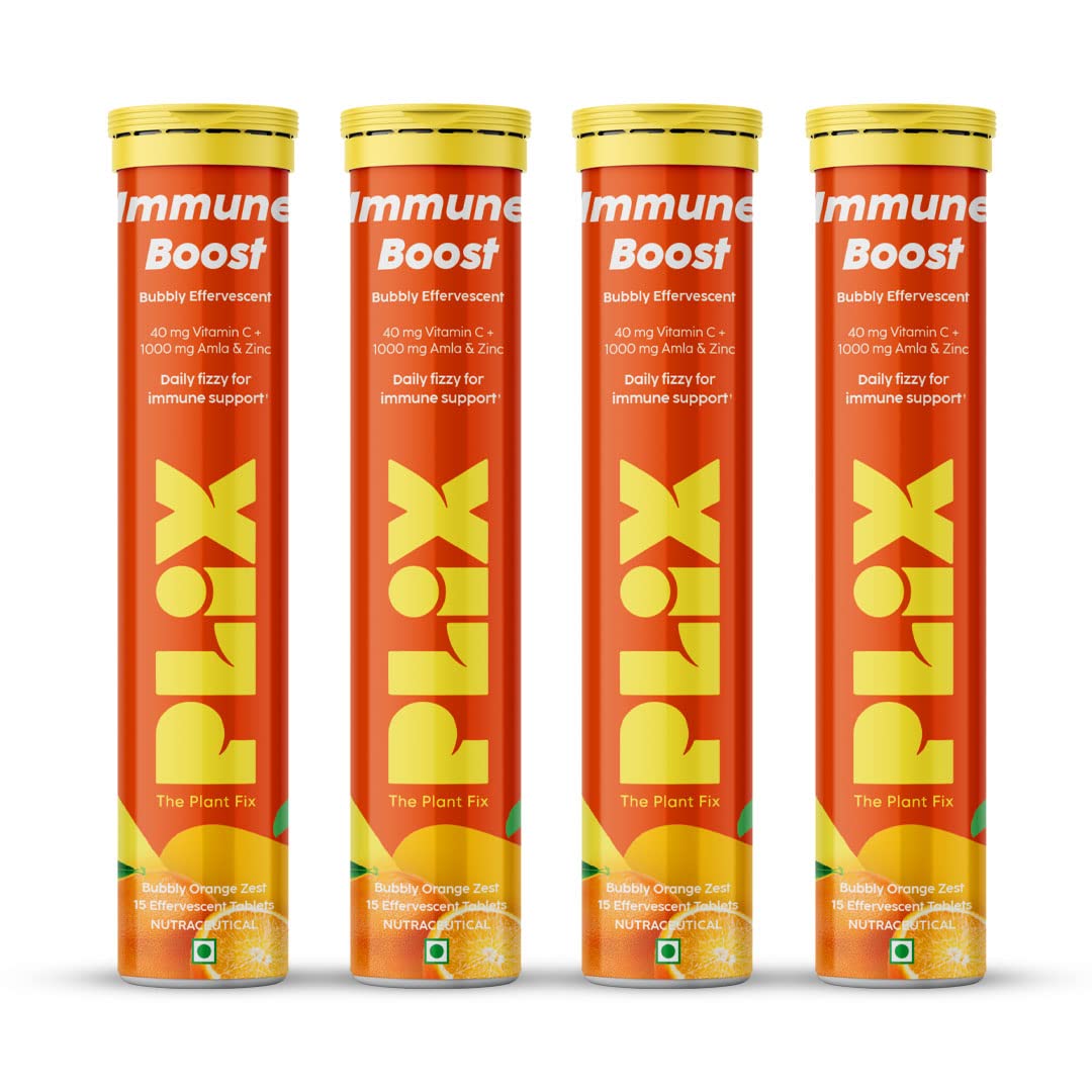 PLIX - THE PLANT FIX Vitamin C Immunity Booster 15 Effervescent Tablets|Pack Of 4 (Orange Flavour)