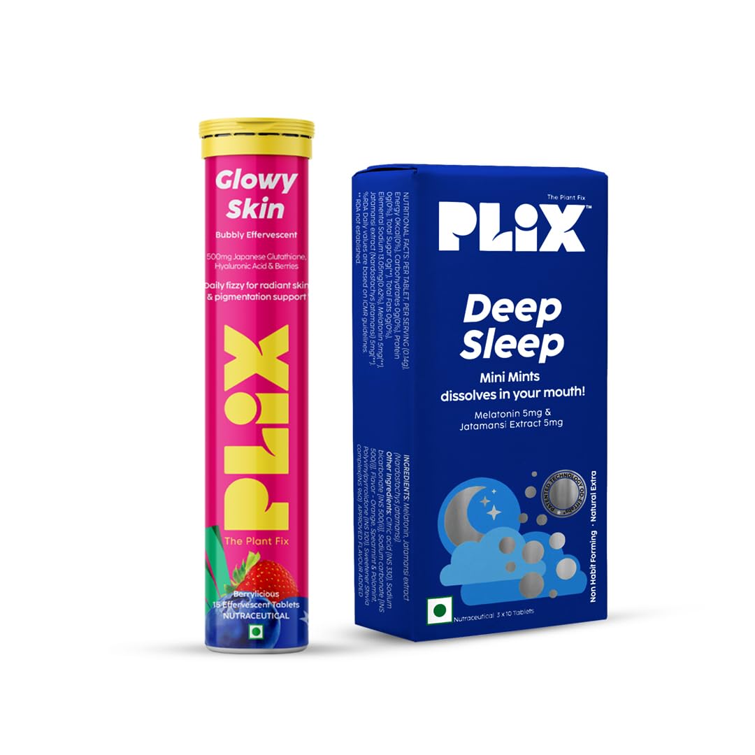 PLIX - THE PLANT FIX Beauty Sleep Combo - Deep Sleep 30 Mini Mints with Melatonin for a Restful Sleep and Skin Glow Glutathione 15 Effervescent Tablets for Youthful and Glowy Skin