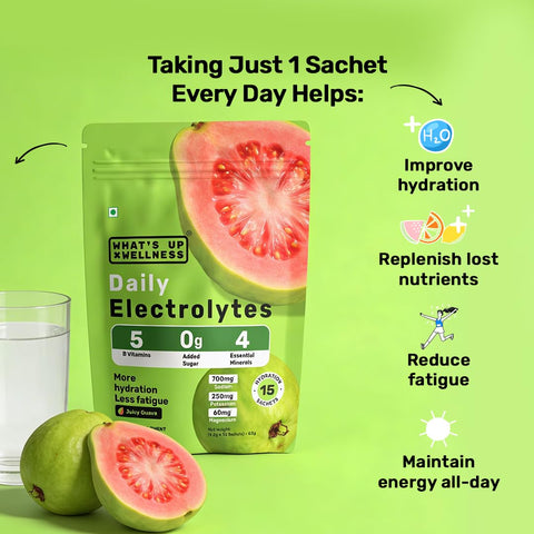 What's Up Daily Electrolytes Powder - Juicy Guava Flavour, 15 Sachets