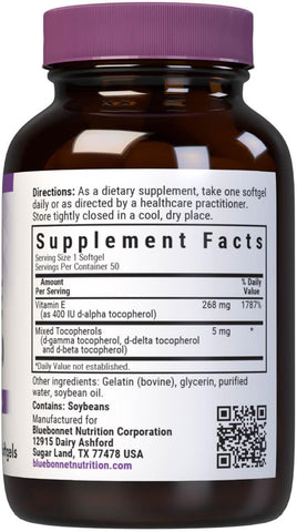 Bluebonnet Nutrition Vitamin E 400 IU 50 Softgels, 50 Servings