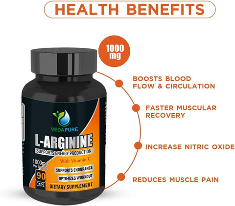 VedaPure Natural L-Arginine (Premium A+ Grade) – 90 Capsules