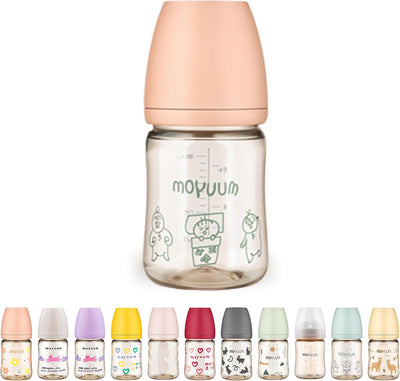 Moyuum PPSU All-in-One Feeding Baby Bottle with Nipple 170ml (0-3 months) - Anti Colic, BPA Free & Easy Clean Wide-Neck Non-Tip Stable Base - Dear Dear Edition - Coral Pink