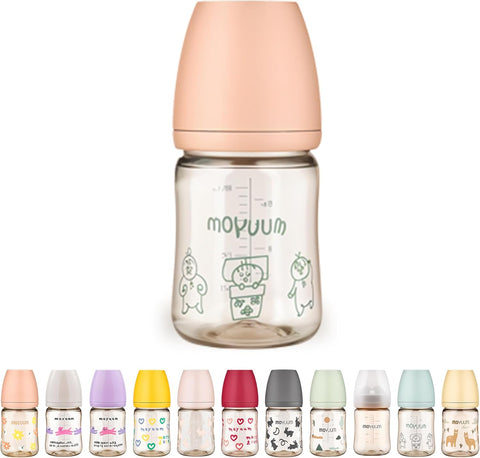 Moyuum PPSU All-in-One Feeding Baby Bottle with Nipple 170ml (0-3 months) - Anti Colic, BPA Free & Easy Clean Wide-Neck Non-Tip Stable Base - Dear Dear Edition - Coral Pink