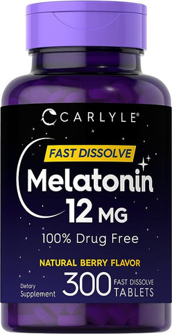 Carlyle Melatonin 12 mg Fast Dissolve 300 Tablets Nighttime Sleep Aid Natural Berry Flavor Vegetarian Gluten Free