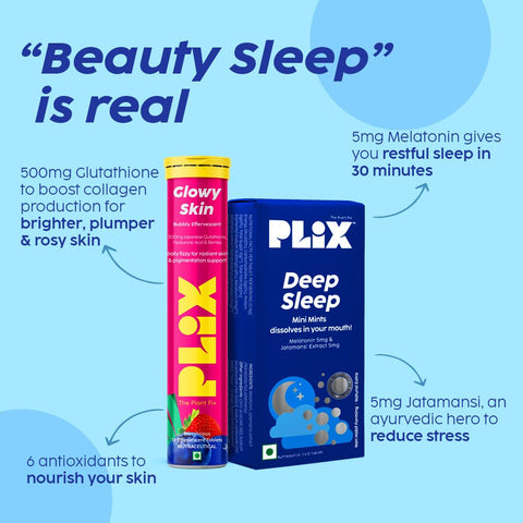 PLIX - THE PLANT FIX Beauty Sleep Combo - Deep Sleep 30 Mini Mints with Melatonin for a Restful Sleep and Skin Glow Glutathione 15 Effervescent Tablets for Youthful and Glowy Skin