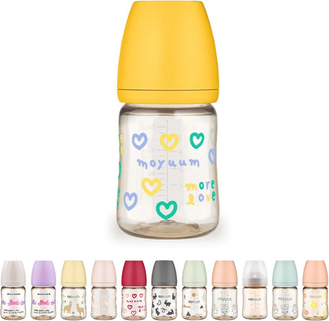 Moyuum PPSU All-in-One Feeding Baby Bottle with Nipple 170ml (0-3 months) - Anti Colic, BPA Free & Easy Clean Wide-Neck Non-Tip Stable Base - More love (SOOSOOJIN) Edition - Yellow