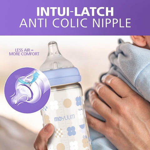 Moyuum PPSU All-in-One Feeding Baby Bottle with Nipple 270ml (+3 months) - Anti Colic, BPA Free & Easy Clean Wide-Neck Non-Tip Stable Base - More love (SOOSOOJIN) Edition - Yellow