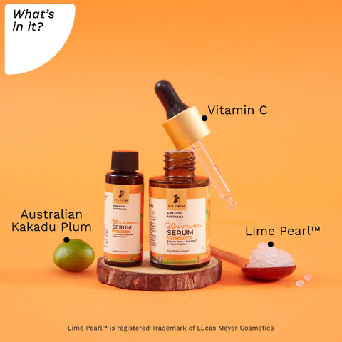 Pilgrim Australian 20% Vitamin C Serum-for glowing skin with Kakadu Plum & Lime Pearl?| Non-irritating 99% Vitamin C Powder (EAA) + Liquid Serum solution | For women & men | 25 ml