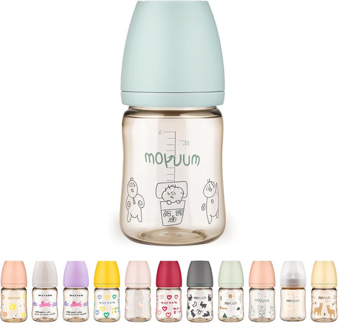 Moyuum PPSU All-in-One Feeding Baby Bottle with Nipple 170ml (0-3 months) - Anti Colic, BPA Free & Easy Clean Wide-Neck Non-Tip Stable Base - Dear Dear Edition - Mint