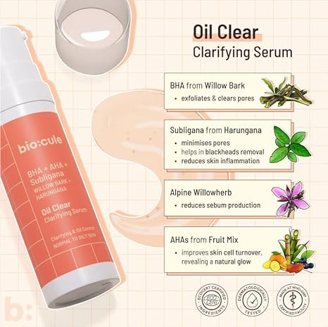 biocule Oil Clear Clarifying Serum, AHA BHA Serum from Willow Bark & Fruit Mix with Subligana from Harungana, for Oil Control, Pore Tightening & Even Skin, Face Serum for Oily Skin