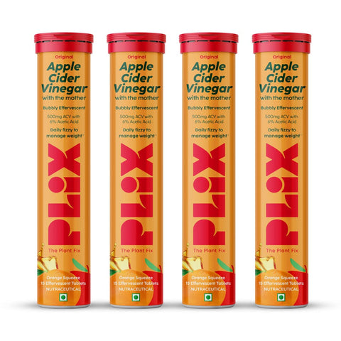 Plix Apple Cider Vinegar Juicy Orange Squeeze Daily fizzy to manage weight 15 Effervescent Tablets (4/Pack)