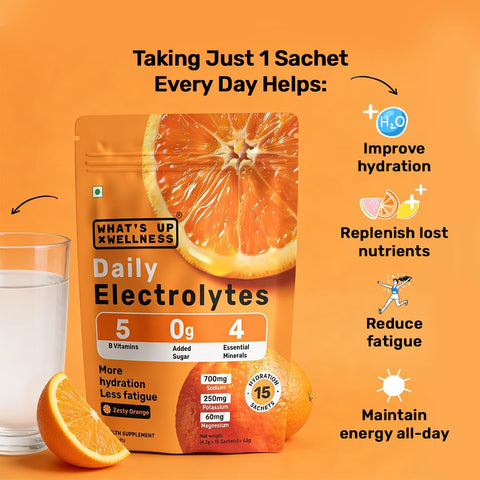What's Up Daily Electrolytes Powder - Zesty Orange, Zero Sugar, 15 Sachets