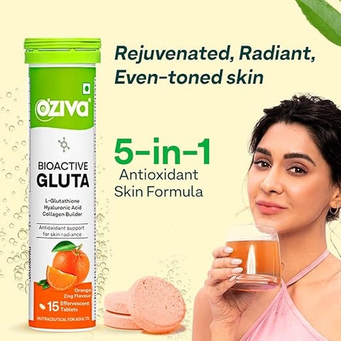 Oziva Bioactive Glutathione Tablets For Radiant Skin - 15 Effervescent Tablets | L-Glutathione, Lycopene, Vitamin C For Skin Glow & Anti-Pigmentation|Orange