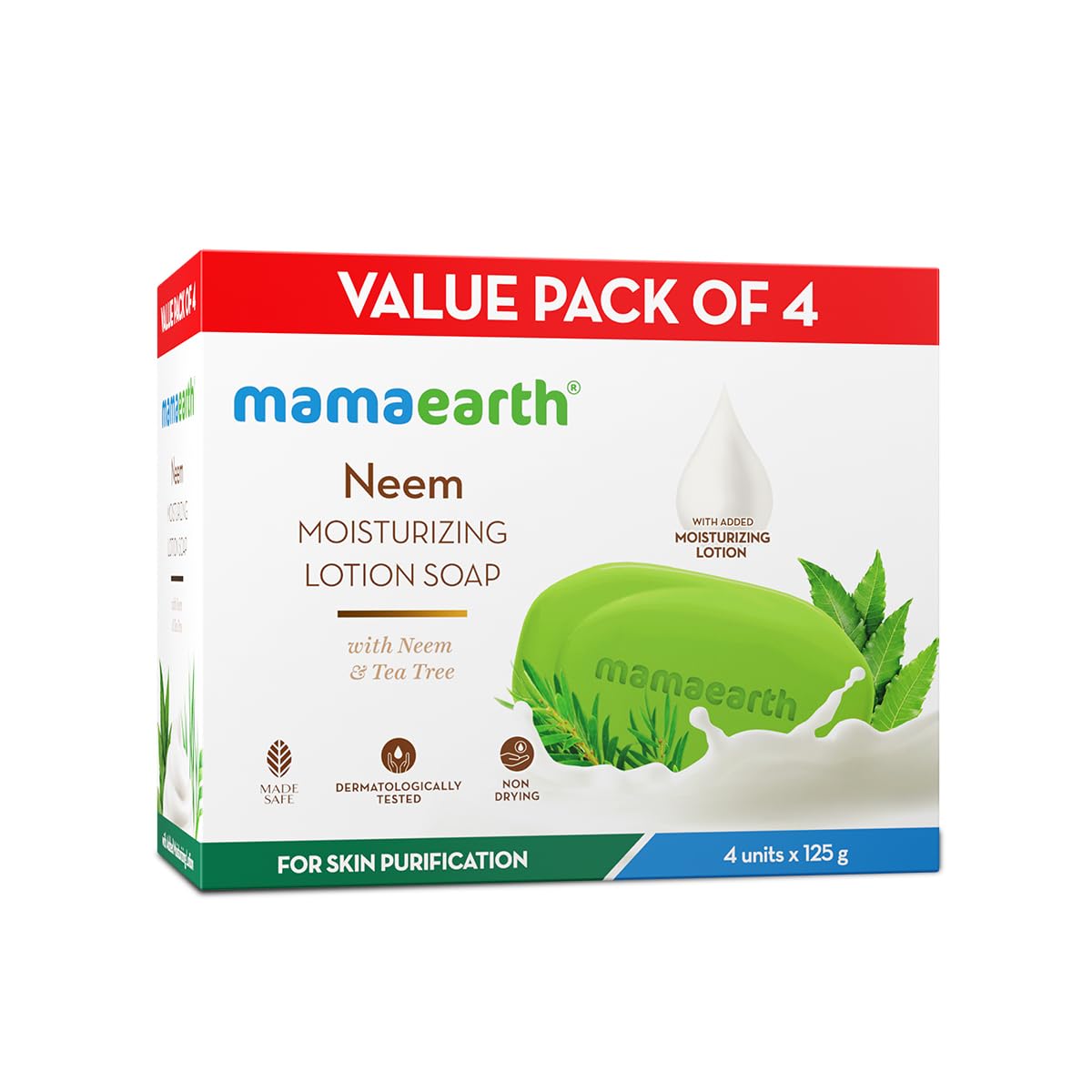 Mamaearth Neem Moisturizing Lotion Soap with Neem & Tea Tree (Value Pack Of 4) 125g x4