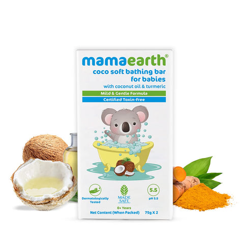 Mamaearth Coco Soft Bathing Bar for Babies, pH 5.5, with Coconut Oil & Turmeric - Pack of 2 * 75g