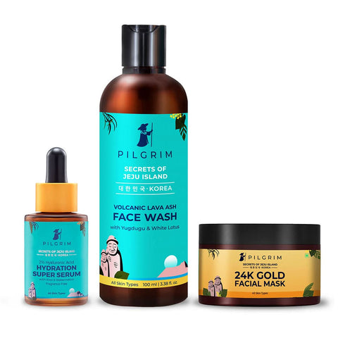 Pilgrim 24K Gold Home Facial Therapy for Smoothening & Glowing Combo | 2% Hyaluronic Acid Hydration Super Serum 30ml | Mild Cleansing Face Wash 100ml | 24K Gold Facial Mask 50gm |Facial Kit for Women