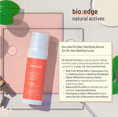 biocule Oil Clear Clarifying Serum, AHA BHA Serum from Willow Bark & Fruit Mix with Subligana from Harungana, for Oil Control, Pore Tightening & Even Skin, Face Serum for Oily Skin