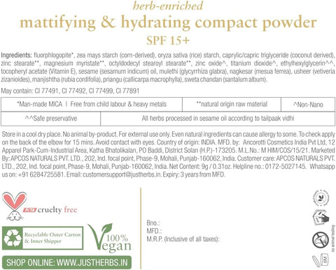 Just Herbs Compact Powder Mattifying & Hydrating 9Gm (Ivory)