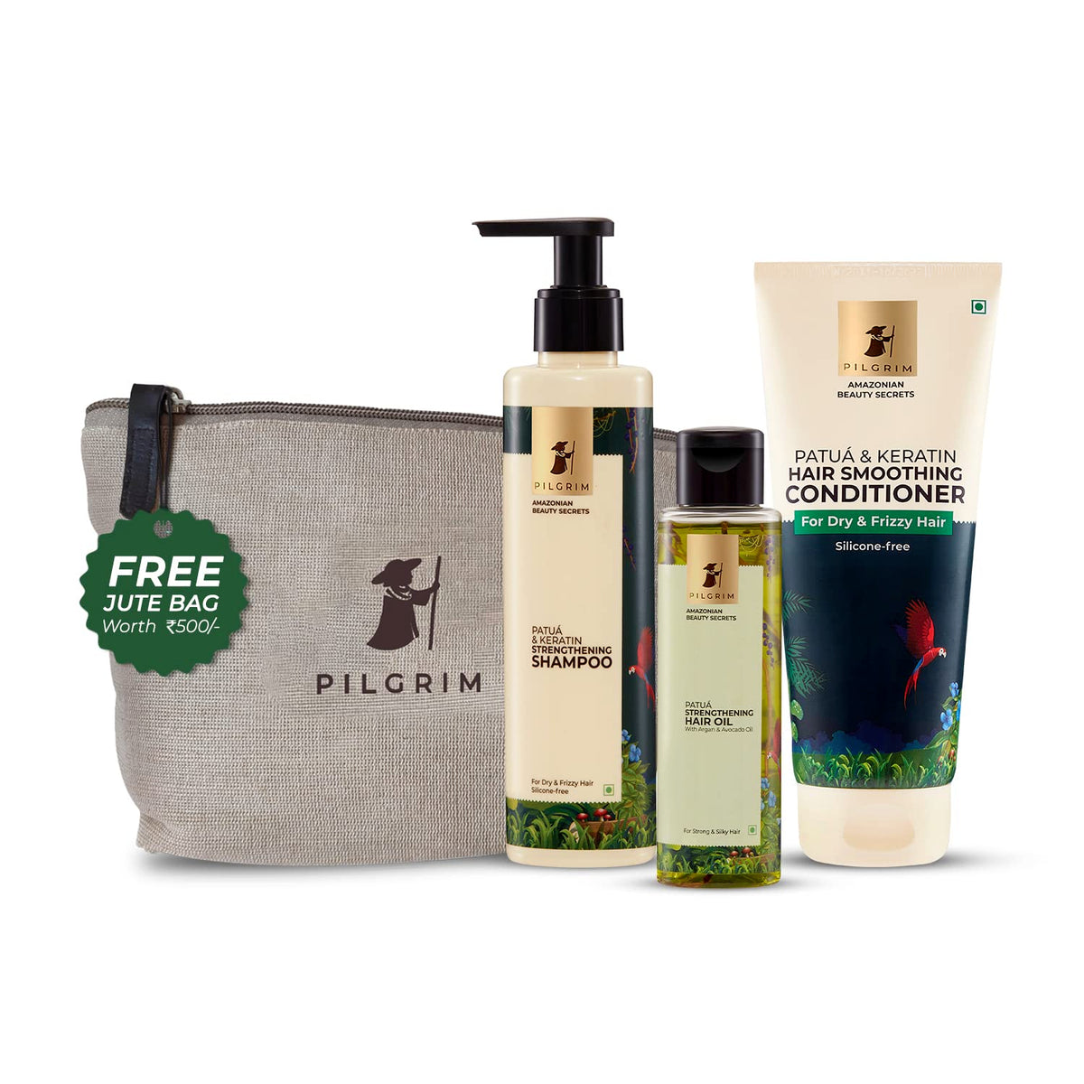 Pilgrim Amazonian Patu‡ Hair Essentials Ritual for Frizzy Hair with FREE JUTE BAG |Patu‡ Hair Oil (115 ml) + Patu‡ & Keratin Shampoo (200 ml) + Patu‡ & Keratin Conditioner (200 ml)|Healthy shiny hair.