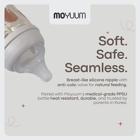 Moyuum PPSU Glass Feeding Baby Bottle with Nipple 240ml (+3 months) - Anti Colic, BPA Free & Easy Clean Wide-Neck Non-Tip Stable Base - No Fish Edition