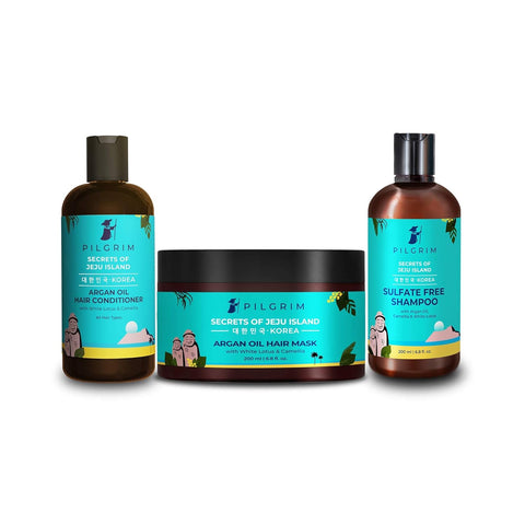 Pilgrim Jeju Hair Care Trio Set | Volcanic Lava Ash Sulfate Free Shampoo, Argan Oil Hair Mask,Argan Oil Hair Conditioner 200ml