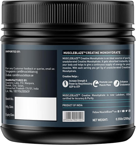 MuscleBlaze Creatine Monohydrate (Unflavoured, 0.55lbs / 250g) 50 Servings
