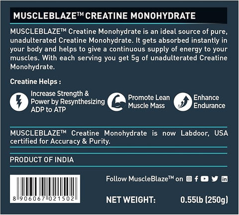 MuscleBlaze Creatine Monohydrate (Unflavoured, 0.55lbs / 250g) 50 Servings