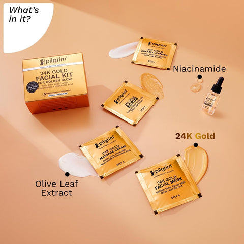 Pilgrim 24K GOLD FACIAL KIT For Instant Radiance & Golden Glow 30 Gm