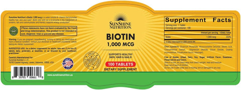 Sunshine Nutrition Biotin 1000 Mcg 100 Tabs