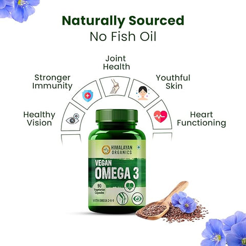 HIMALAYAN ORGANICS Omega 3 6 9 Vegan Natural Nutrition Supplement for Muscle, Bone, Heart & Skin - 90 Veg Capsules